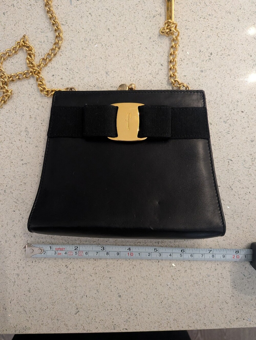 Salvatore Ferragamo Vara Bow Kisslock Black Leather Chain Crossbody Bag - Picture 13 of 15